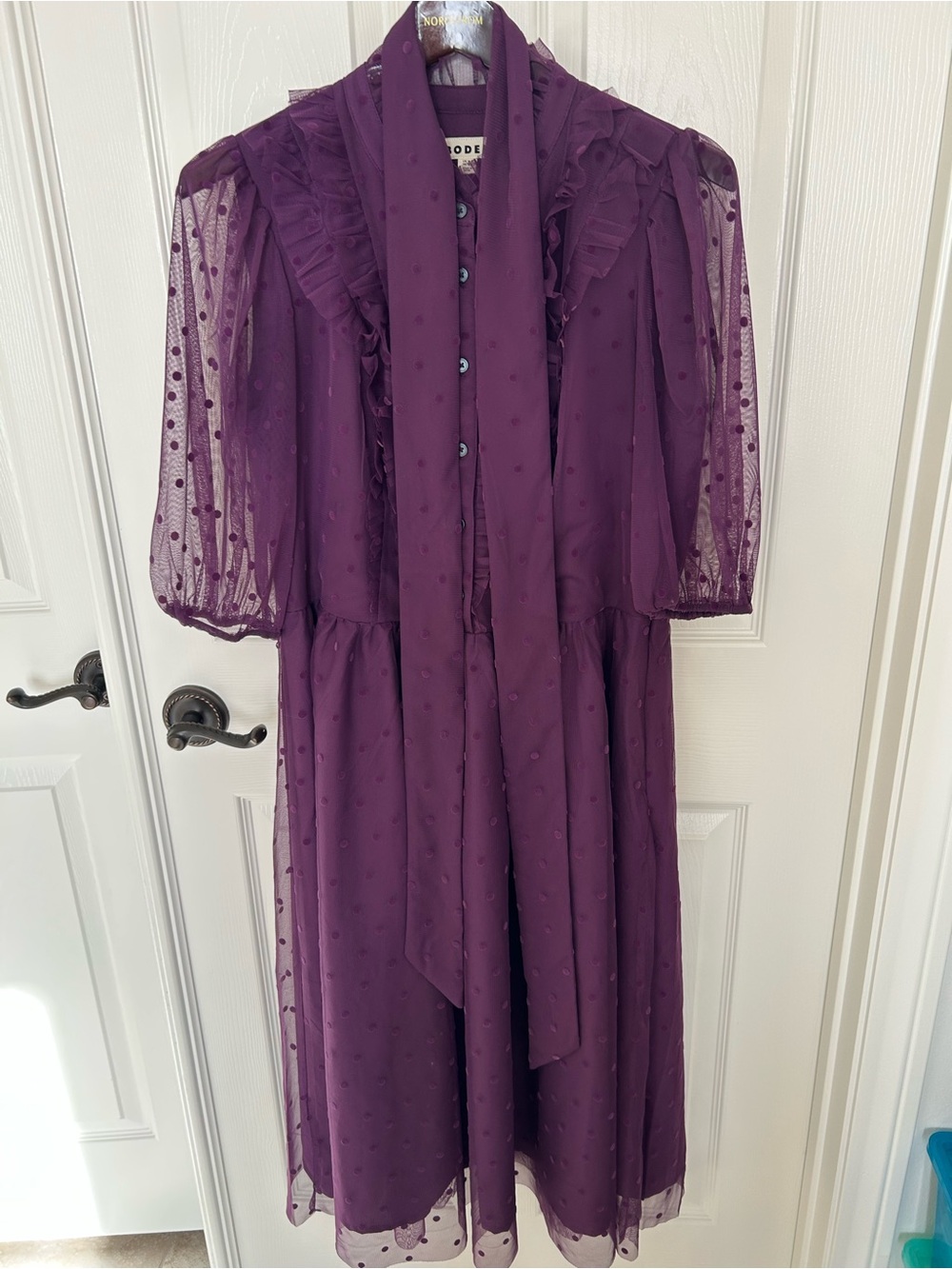 Boden Plum Swiss Dot Midi Dress with belt, US size 12